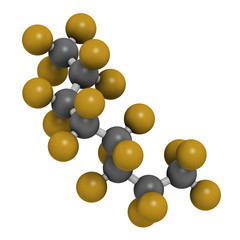 Perfluorooctane molecule. 3D rendering. Atoms are represented as spheres with conventional color coding: hydrogen (white), carbon (grey), fluorine (gold).