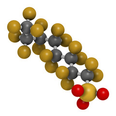 Perfluorooctanesulfonic acid (perfluorooctane sulfonate, PFOS) persistent organic pollutant molecule. 3D rendering. Atoms are represented as spheres with conventional color coding.