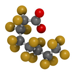 Perfluorooctanoic acid (PFOA, perfluorooctanoate) carcinogenic pollutant molecule. 3D rendering. Atoms are represented as spheres with conventional color coding.