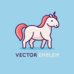 Vector logo design template with happy and friendly unicorn - emblem for kids store, shop or service