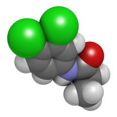 Propanil herbicide molecule. 3D rendering. Atoms are represented as spheres with conventional color coding: hydrogen (white), carbon (grey), nitrogen (blue), oxygen (red), chlorine (green).