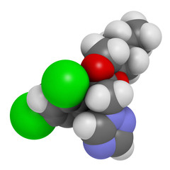 Propiconazole antifungal molecule (triazole class). 3D rendering. Atoms are represented as spheres with conventional color coding.