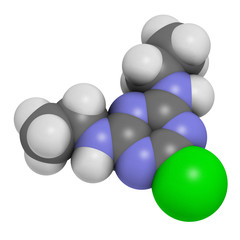 Simazine herbicide molecule. 3D rendering. Atoms are represented as spheres with conventional color coding: hydrogen (white), carbon (grey), chlorine (green), nitrogen (blue).