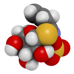 Sinigrin glucosinolate molecule. Present in some cruciferous vegetables (Brussels sprouts, broccoli, black mustard, etc). 3D rendering. Atoms are represented as spheres with conventional color coding.