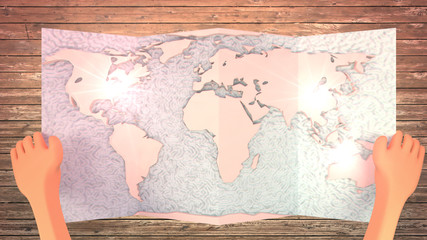 3d rendering picture of cartoon hands holding world map. Concept of summer vacation travel plan. Wooden floor background. Top view angle.