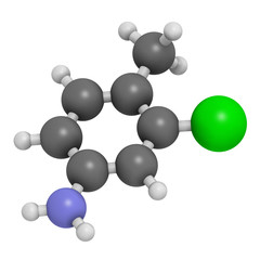 Starlicide avicide molecule (gull toxicant). 3D rendering. Atoms are represented as spheres with conventional color coding: hydrogen (white), carbon (grey), nitrogen (blue), chlorine (green).