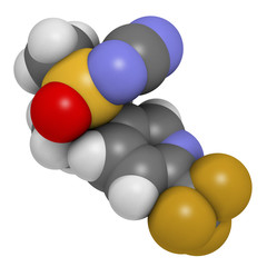 Sulfoxaflor insecticide molecule. 3D rendering. Atoms are represented as spheres with conventional color coding: