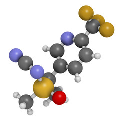 Sulfoxaflor insecticide molecule. 3D rendering. Atoms are represented as spheres with conventional color coding.