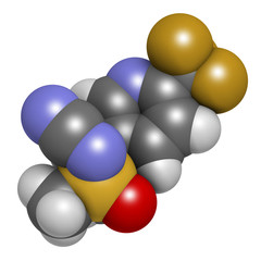 Sulfoxaflor insecticide molecule. 3D rendering. Atoms are represented as spheres with conventional color coding.
