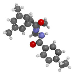 Tebufenozide insecticide molecule. 3D rendering. Atoms are represented as spheres with conventional color coding: hydrogen (white), carbon (grey), nitrogen (blue), oxygen (red).