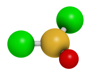 Thionyl chloride (SOCl2) chemical reagent molecule. 3D rendering. Atoms are represented as spheres with conventional color coding: sulfur (yellow), oxygen (red), chlorine (green).