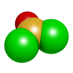 Thionyl chloride (SOCl2) chemical reagent molecule. 3D rendering. Atoms are represented as spheres with conventional color coding: sulfur (yellow), oxygen (red), chlorine (green).