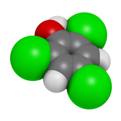 Trichlorophenol (TCP, 2,4,6-trichlorophenol) molecule. 3D rendering. Atoms are represented as spheres with conventional color coding: hydrogen (white), carbon (grey), oxygen (red), chlorine (green).