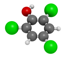 Trichlorophenol (TCP, 2,4,6-trichlorophenol) molecule. 3D rendering. Atoms are represented as spheres with conventional color coding: hydrogen (white), carbon (grey), oxygen (red), chlorine (green).