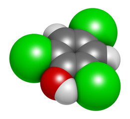 Trichlorophenol (TCP, 2,4,6-trichlorophenol) molecule. 3D rendering. Atoms are represented as spheres with conventional color coding: hydrogen (white), carbon (grey), oxygen (red), chlorine (green).