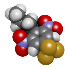 Trifluralin herbicide molecule. 3D rendering. Atoms are represented as spheres with conventional color coding: hydrogen (white), carbon (grey), nitrogen (blue), oxygen (red), fluorine (gold).