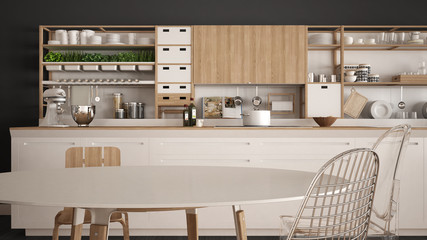 Minimalist white wooden kitchen close-up, scandinavian classic interior design