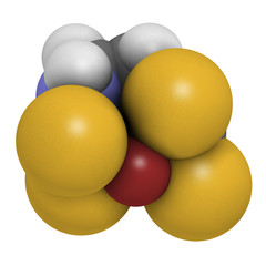 Zineb zinc organosulfur fungicide molecule. 3D rendering. Atoms are represented as spheres with conventional color coding.