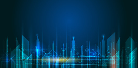 Vector Abstract, science, futuristic, energy technology. Image of circuit board and arrow sign, light rays, stripes lines with blue light, speed movement. Hi-tech digital technology concept 