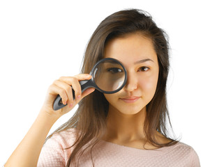 young woman with magnifying glass