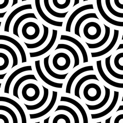 Seamless pattern background ornament of striped concentric circles. Retro mosaic of arches in black and white. Vector design element.