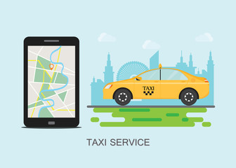 Taxi cab and mobile phone with map on city  background