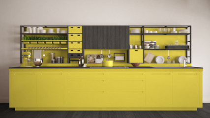 Minimalist yellow wooden kitchen with appliances close-up, scandinavian classic interior design