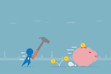 businessman running to piggy bank with hammer, investment and business concept
