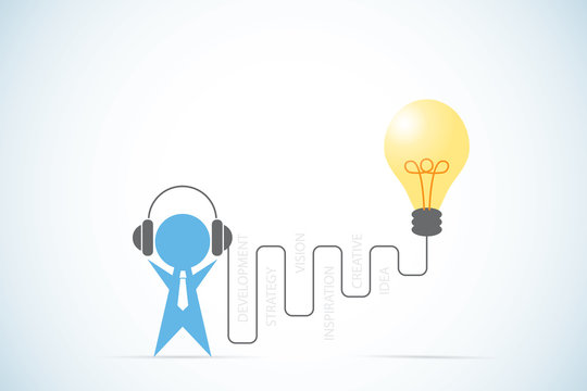 businessman with headphone and lightbulb, idea and business concept