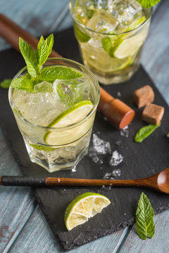 Close up of Mojito in glass on wooden table with lime and mint