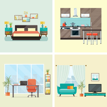 Set of interior design house rooms with furniture icons: living room, bedroom, kitchen, home office. Flat style vector illustration.