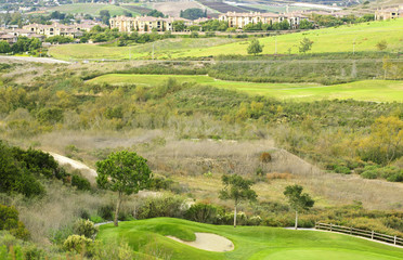 Green golf field on a hill