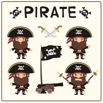 Set isolated cartoon pirate in black pirate hat with Jolly Roger. Collection funny pirate in different poses with pistols, sword, ship gun and flag.
