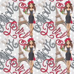 Parisian Girl Hand-Painted Eiffel Tower Fashion Illustration Paris Lettering Seamless Pattern Background Texture Wallpaper Scrapbook © Tanya Kart
