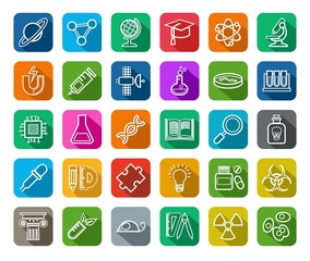 Science, icons, contour drawing, color, vector.  Linear white icons on a colored background with a shadow. Different types of scientific activities. Vector clip art.  