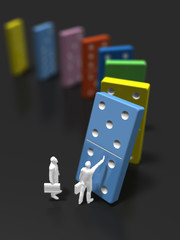 Business figure to beat a colorful domino tile