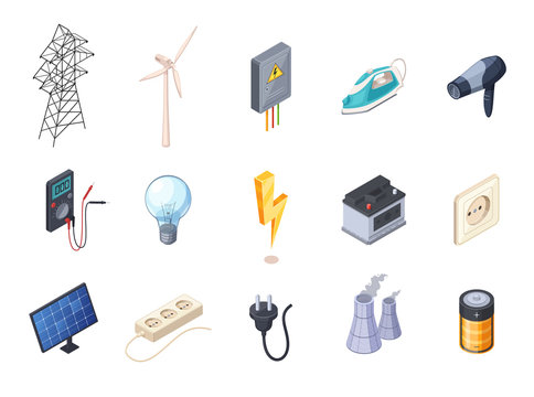 Electricity Isometric Icons Set