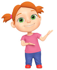 3d render illustration. Little girl shows with two hands on an empty space.