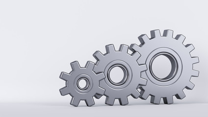 Three gears on a white background. 3d render illustration.