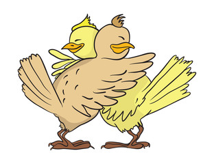 Two cute cartoon birds hug. Vector illustration on white background.