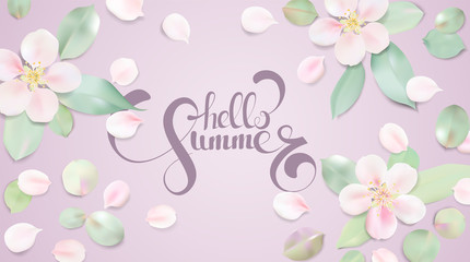 Soft color pastel background with flower petals and Hello Summer text.
