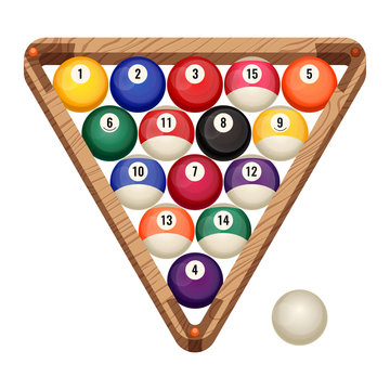 Billiard balls in wooden rack, vector illustration of starting position