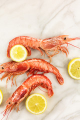 Raw shrimps with slices of lemon and copyspace