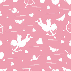 Fototapeta premium Cute seamless pattern with cupid shoots a bow and hearts. Love symbol.