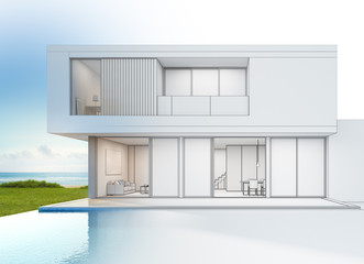 Modern luxury beach house with sea view swimming pool, Sketch design of vacation home for big family - 3d rendering