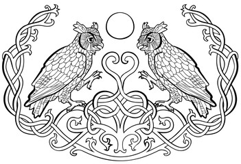 Vector illustration of owls in love celtic ornament black and white 
