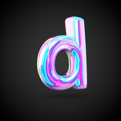 Glossy holographic alphabet letter D lowercase isolated on black background.