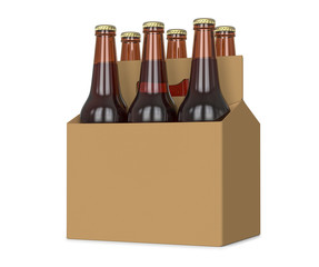 Six pack of glass bottled beer in generic brown cardboard carrier 3d Illustration, isolated on white background.