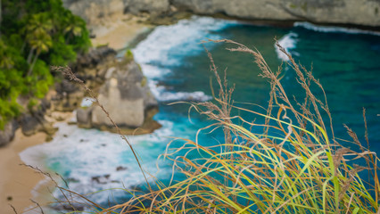 Rock in the ocean with beautiful palms behind at Atuh beach on Nusa Penida island, Indonesia