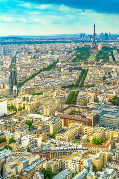 Panorama Eiffel Tower in Paris from a height on a sunny day with a blue sky. A view of Paris from a bird's-eye view.
